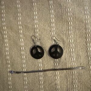 Black Peace Sign Earrings and Silver Bracelet Set